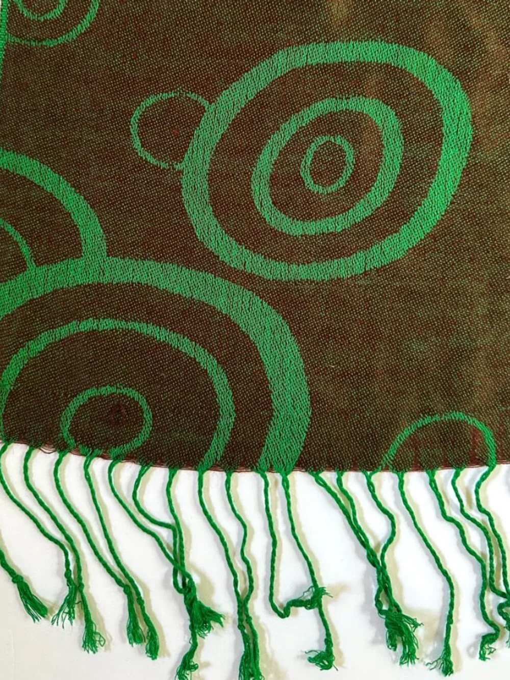 Vtg Pashmina Silk Blend Scarf Green Brown Circle Print Whimsigoth Fringe Shawl
